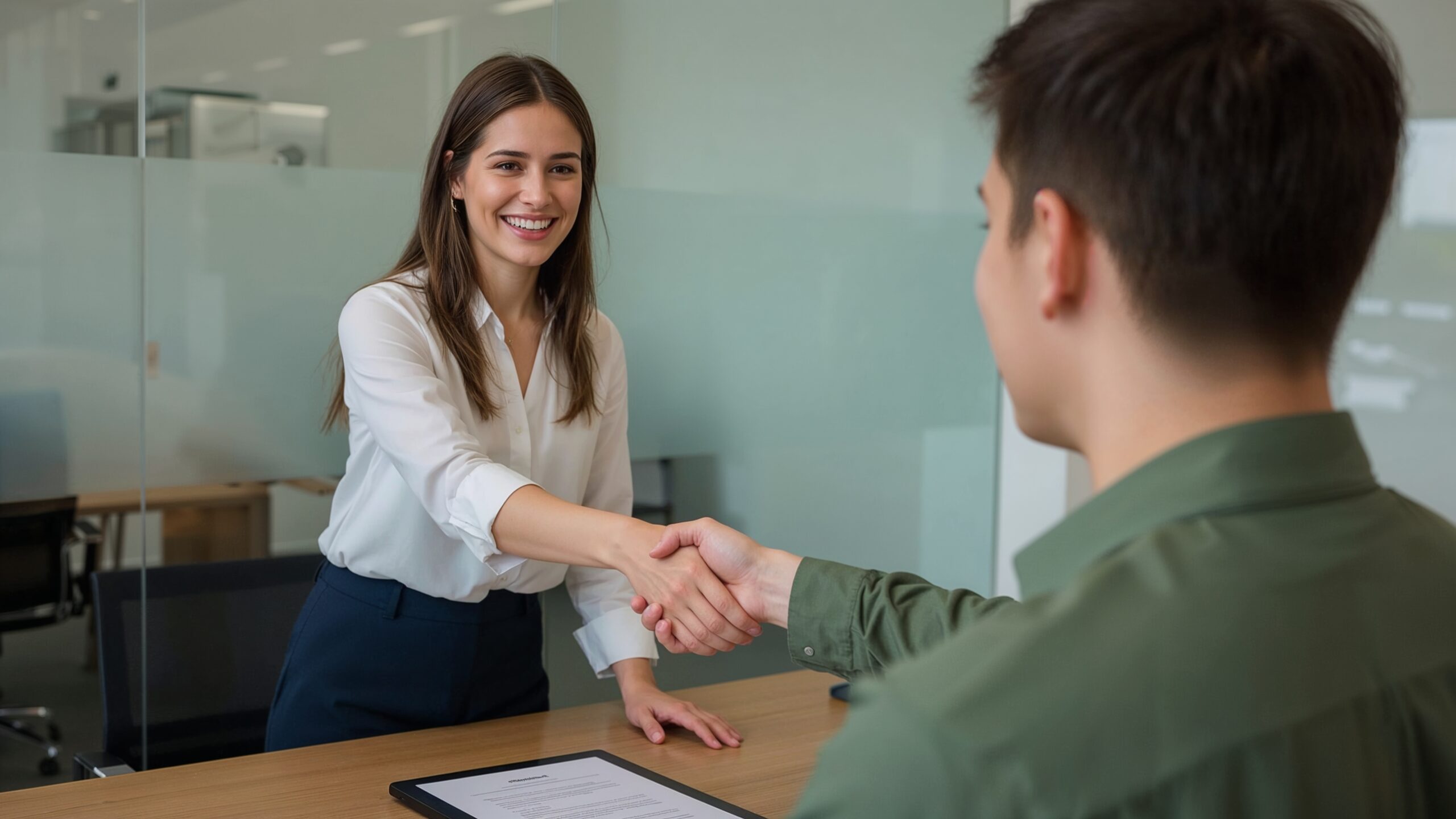 A employer stands up from her desk and shakes the hand of a new employee after a successful recruitment both are smiling